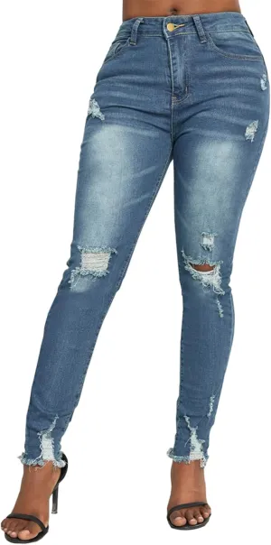 SheKiss Boyfriend Stretchy Jeans for Women - Distressed Frayed High Waisted Trendy Denim Blue Jeans