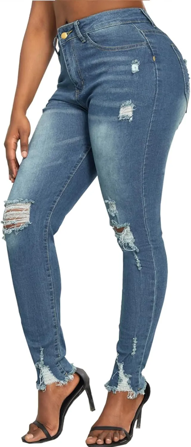 SheKiss Boyfriend Stretchy Jeans for Women - Distressed Frayed High Waisted Trendy Denim Blue Jeans