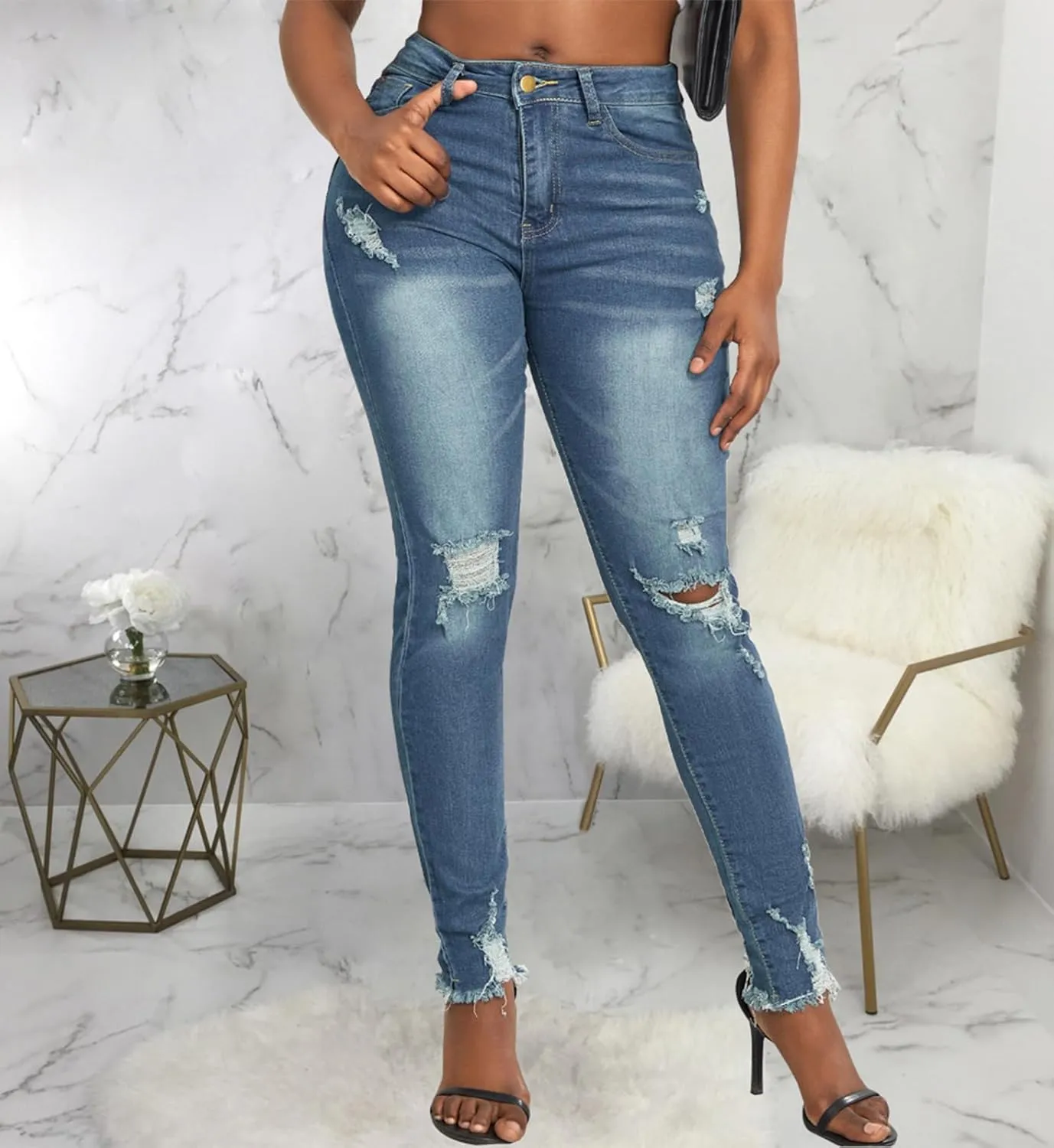 SheKiss Boyfriend Stretchy Jeans for Women - Distressed Frayed High Waisted Trendy Denim Blue Jeans