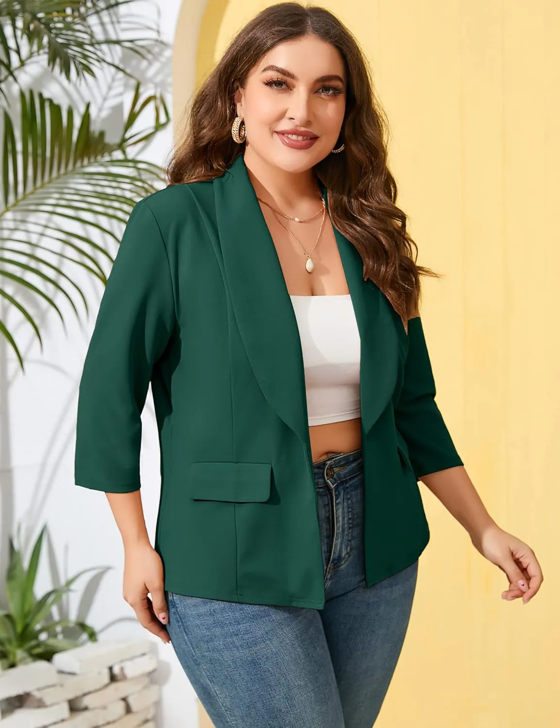 ShopWonder Womens Plus Size Casual Pocketed Blazer Office Open Front 3/4 Sleeve Cardigans Jacket Work Suit