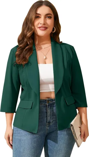 ShopWonder Womens Plus Size Casual Pocketed Blazer Office Open Front 3/4 Sleeve Cardigans Jacket Work Suit