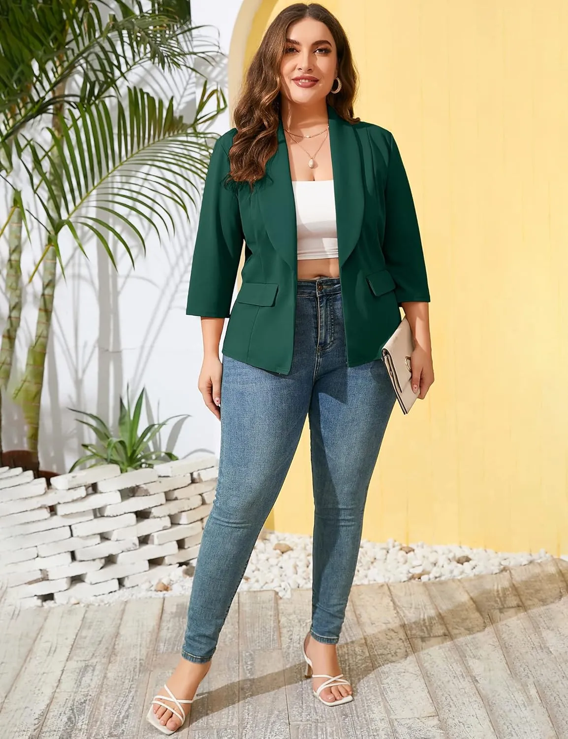 ShopWonder Womens Plus Size Casual Pocketed Blazer Office Open Front 3/4 Sleeve Cardigans Jacket Work Suit