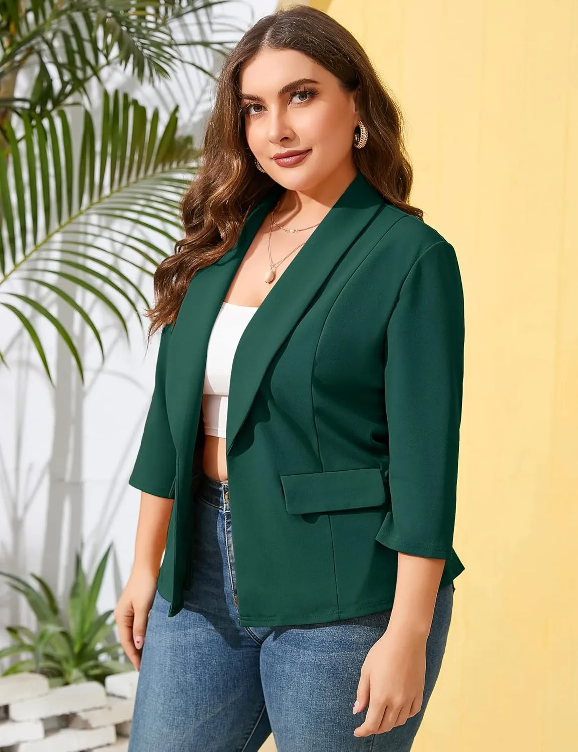 ShopWonder Womens Plus Size Casual Pocketed Blazer Office Open Front 3/4 Sleeve Cardigans Jacket Work Suit