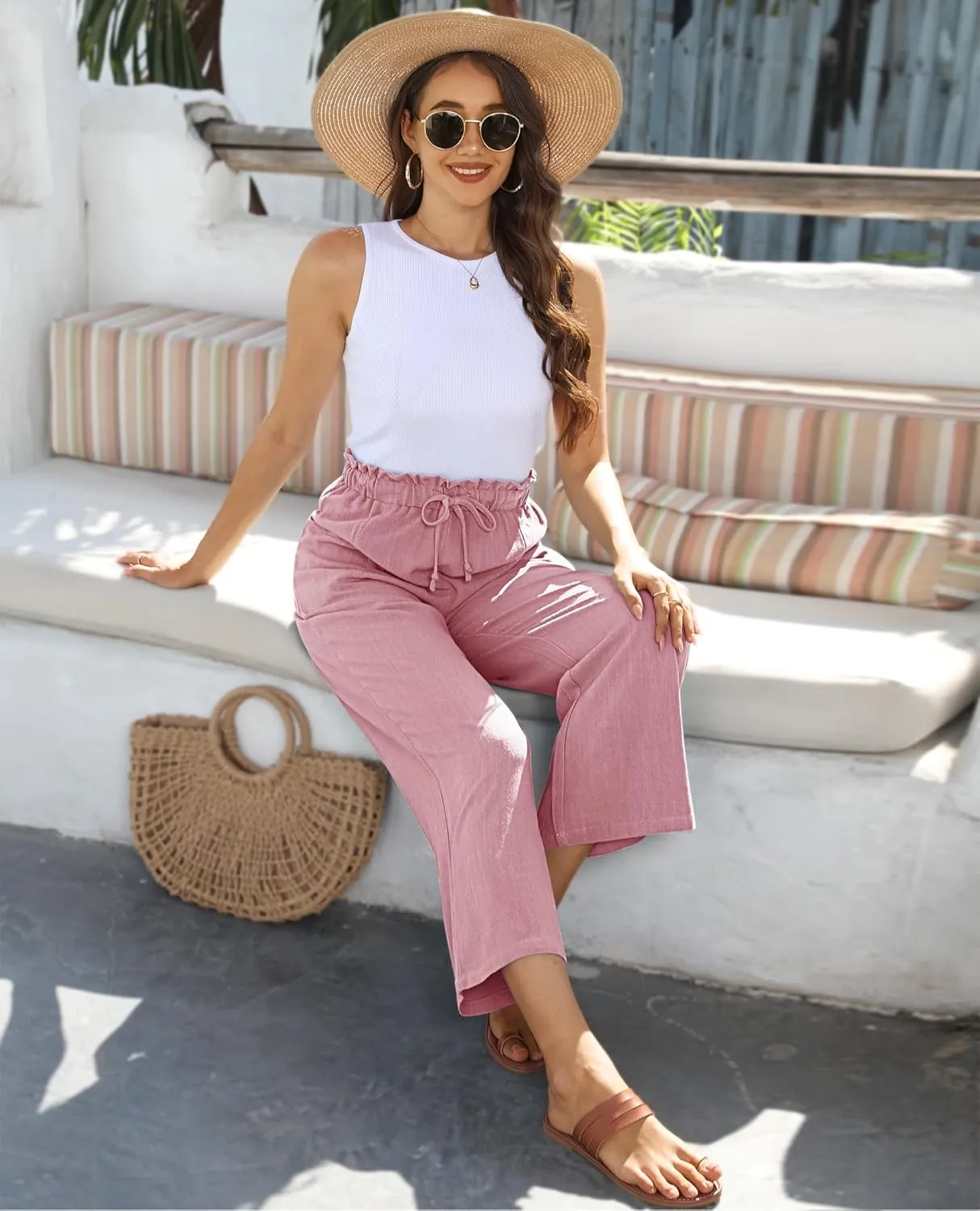 siliteelon Wide Leg Linen Pants for Women Summer Capri Palazzo Flowy Pants Casual Loose High Waist Trousers with Pockets