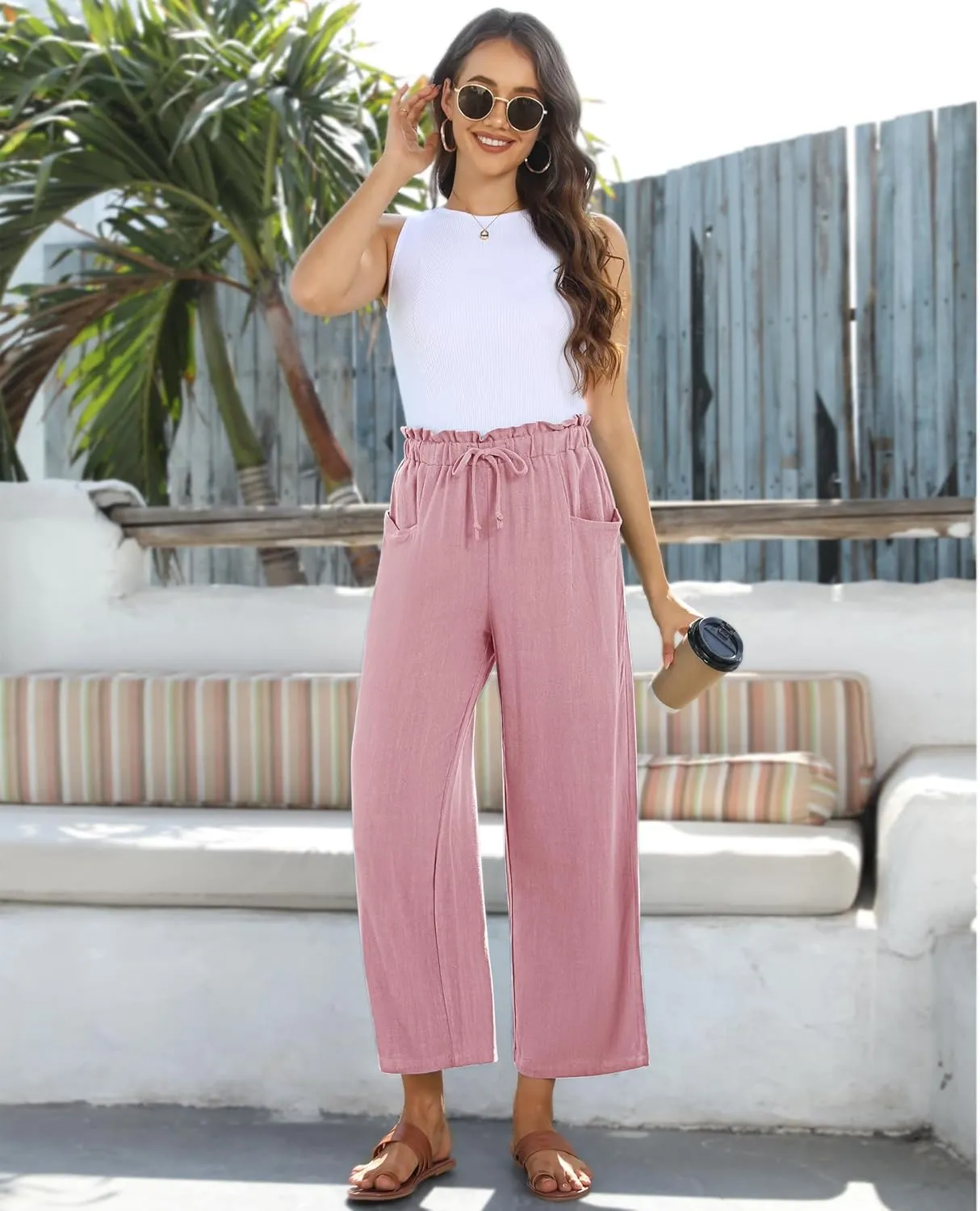 siliteelon Wide Leg Linen Pants for Women Summer Capri Palazzo Flowy Pants Casual Loose High Waist Trousers with Pockets