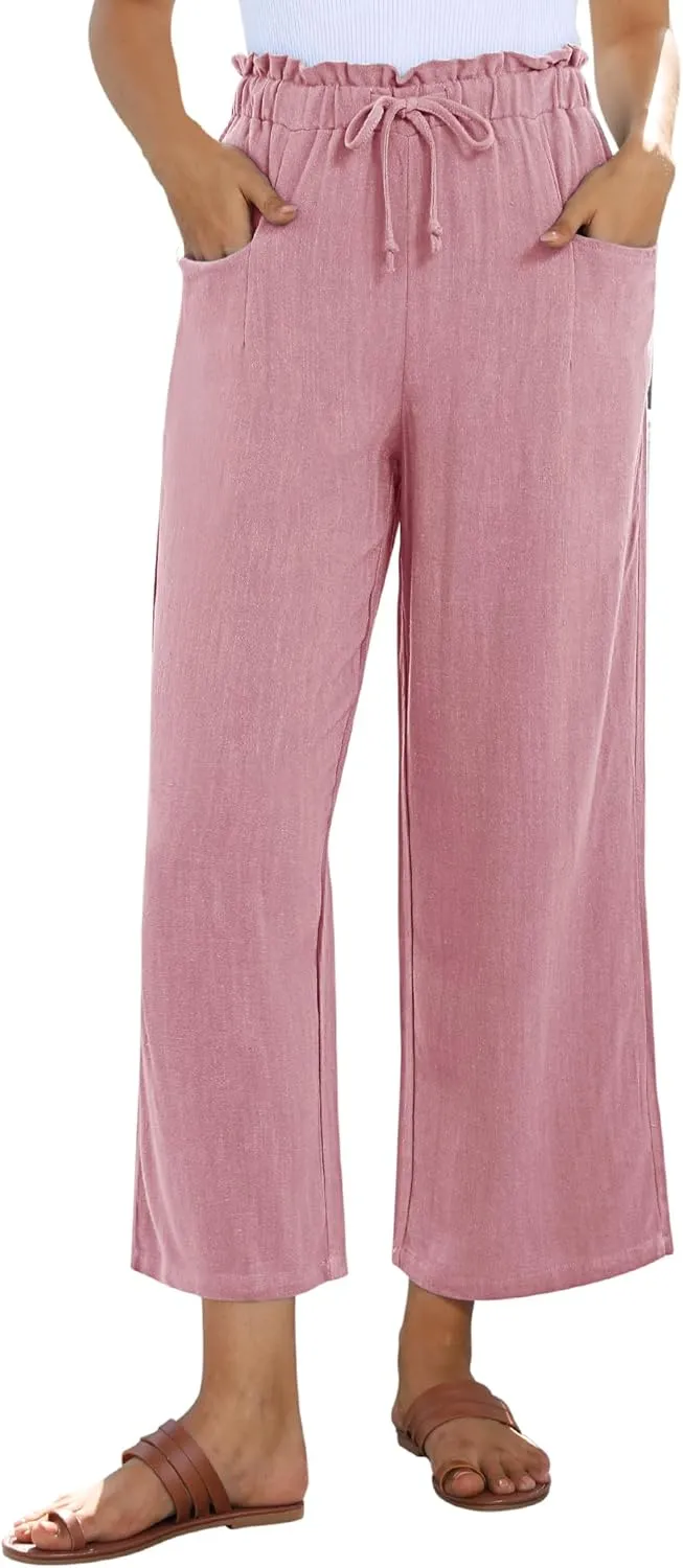 siliteelon Wide Leg Linen Pants for Women Summer Capri Palazzo Flowy Pants Casual Loose High Waist Trousers with Pockets