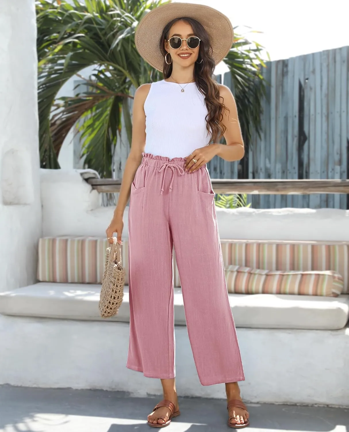 siliteelon Wide Leg Linen Pants for Women Summer Capri Palazzo Flowy Pants Casual Loose High Waist Trousers with Pockets
