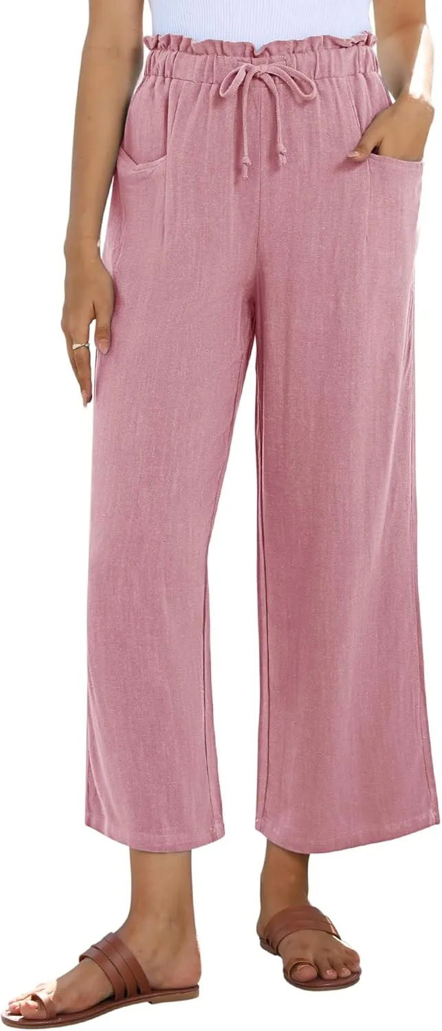 siliteelon Wide Leg Linen Pants for Women Summer Capri Palazzo Flowy Pants Casual Loose High Waist Trousers with Pockets