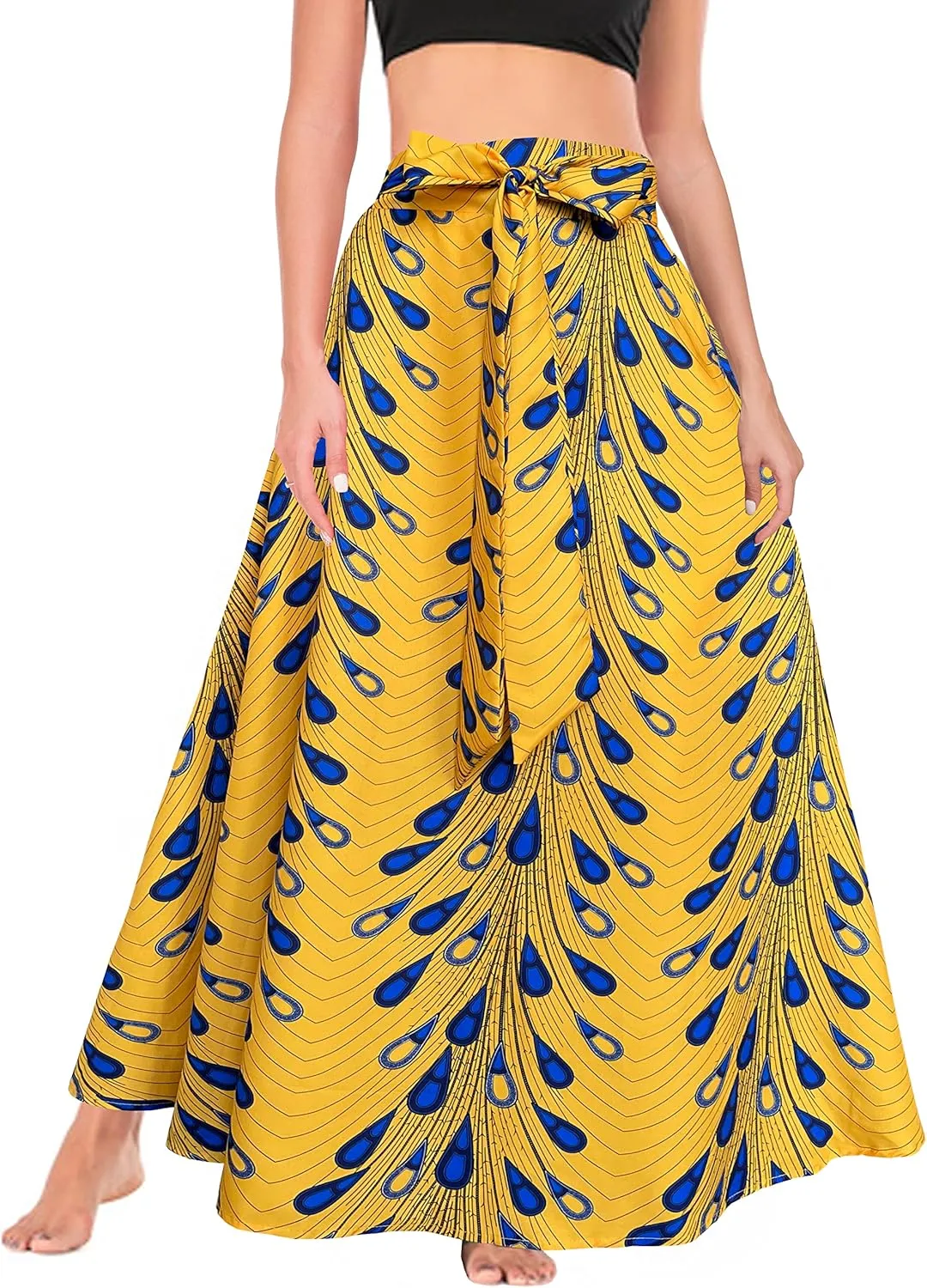 Sinono Womens High Waist Skirt Tie Front Pleated A-line Flowy Long Maxi Skirt with Pockets