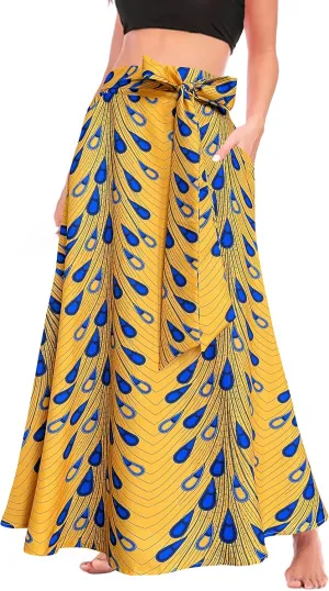 Sinono Womens High Waist Skirt Tie Front Pleated A-line Flowy Long Maxi Skirt with Pockets