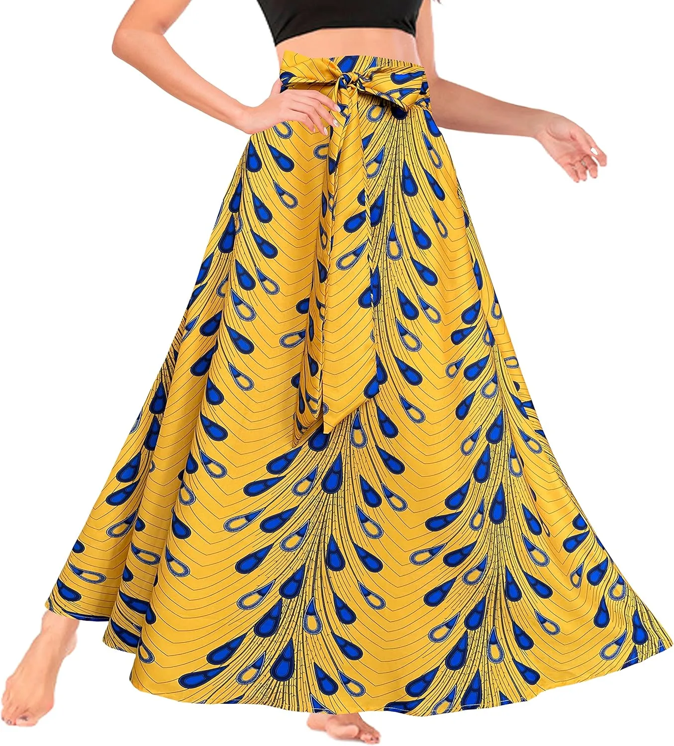 Sinono Womens High Waist Skirt Tie Front Pleated A-line Flowy Long Maxi Skirt with Pockets
