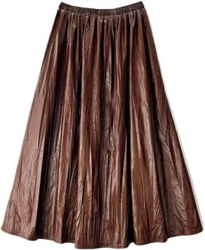 Skirt Women Autumn Winter Midi Long PU Skirt Female Solid Color Pleated Skirt Lady