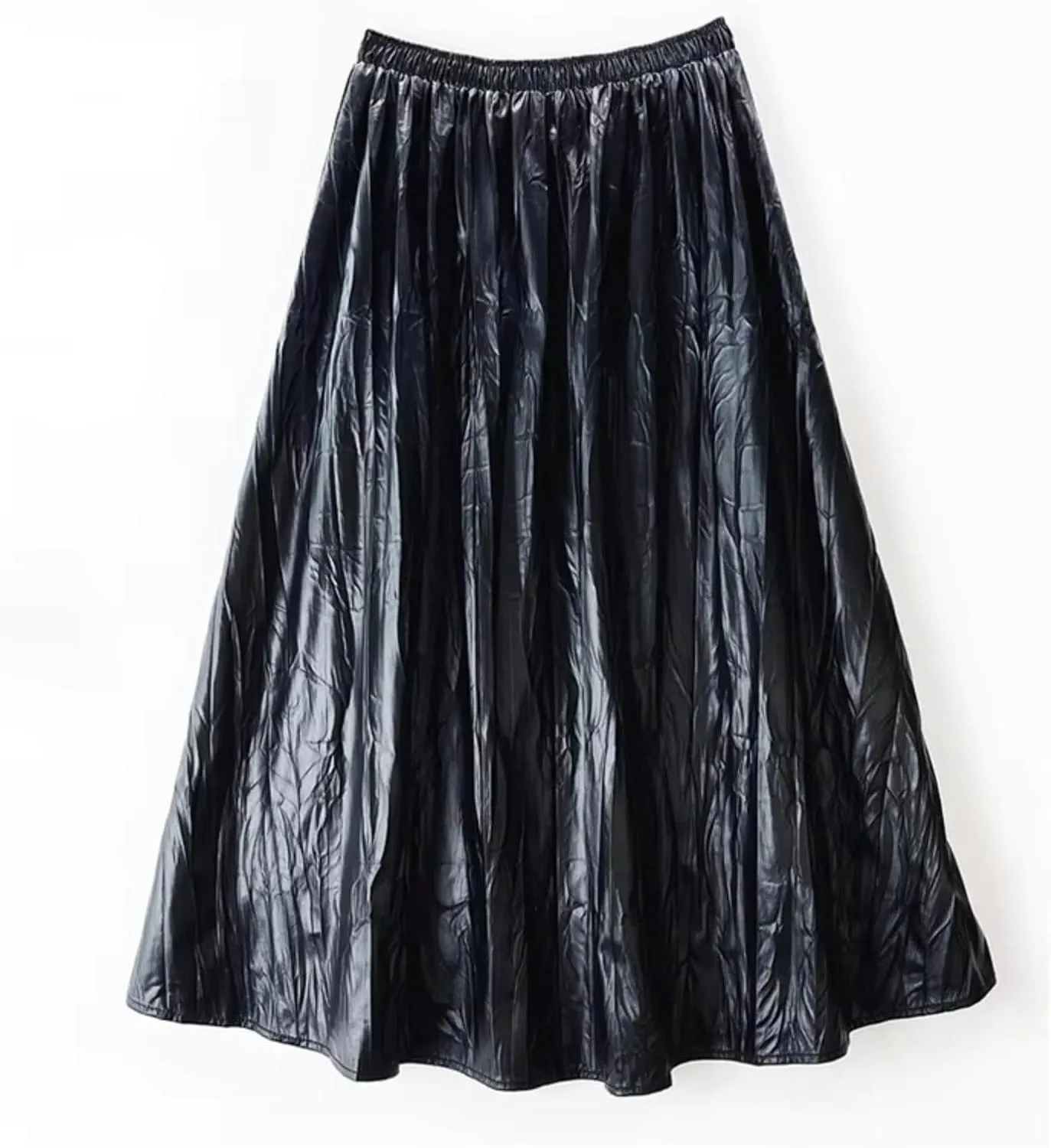 Skirt Women Autumn Winter Midi Long PU Skirt Female Solid Color Pleated Skirt Lady