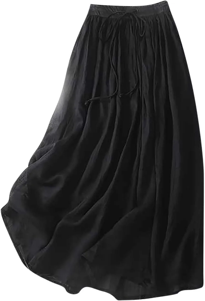 Skirts for Women A-Line Cotton Linen Flowy Skirt Casual High Waisted Comfort Skirt Fashion Drawstring Maxi Skirt