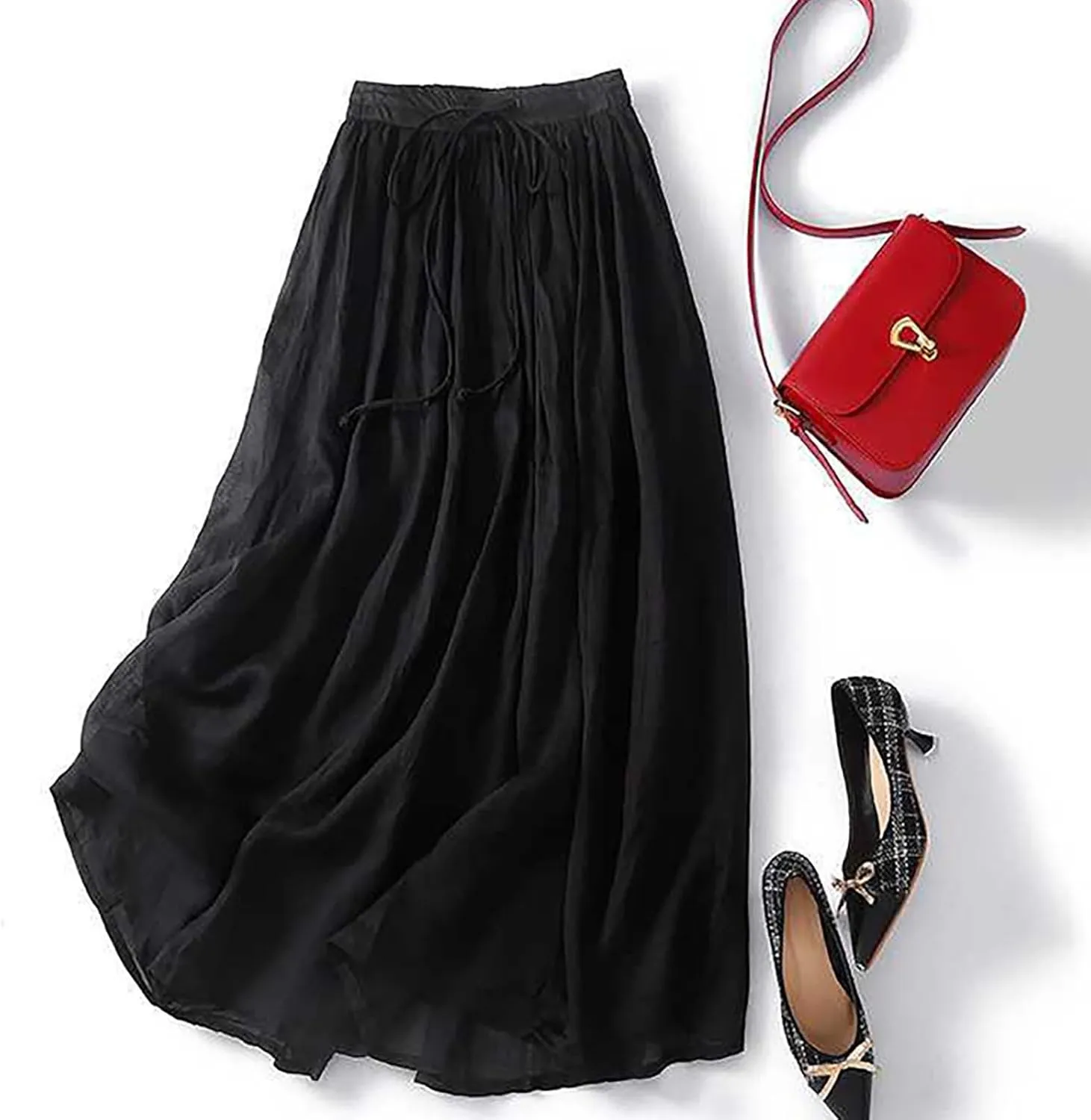 Skirts for Women A-Line Cotton Linen Flowy Skirt Casual High Waisted Comfort Skirt Fashion Drawstring Maxi Skirt