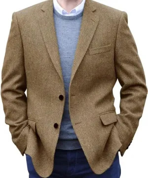 SOCOOL Men's Herringbone Tweed Blazer Jacket Wedding Groomsmen Prom Jackets 2 Buttons Brown