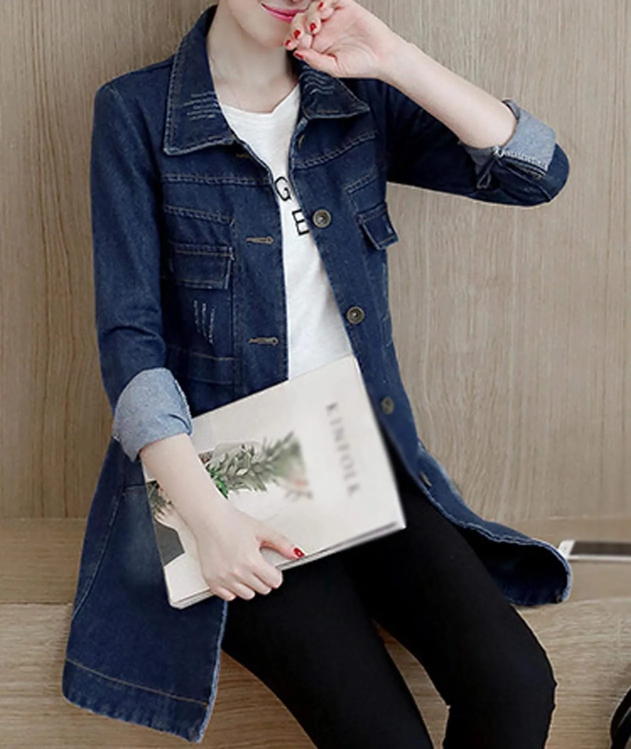 SOMTHRON Women's Distressed Denim Jeans Outfits Coat Spring Fall Retro Jeans Long Outerwear Denim Jacket