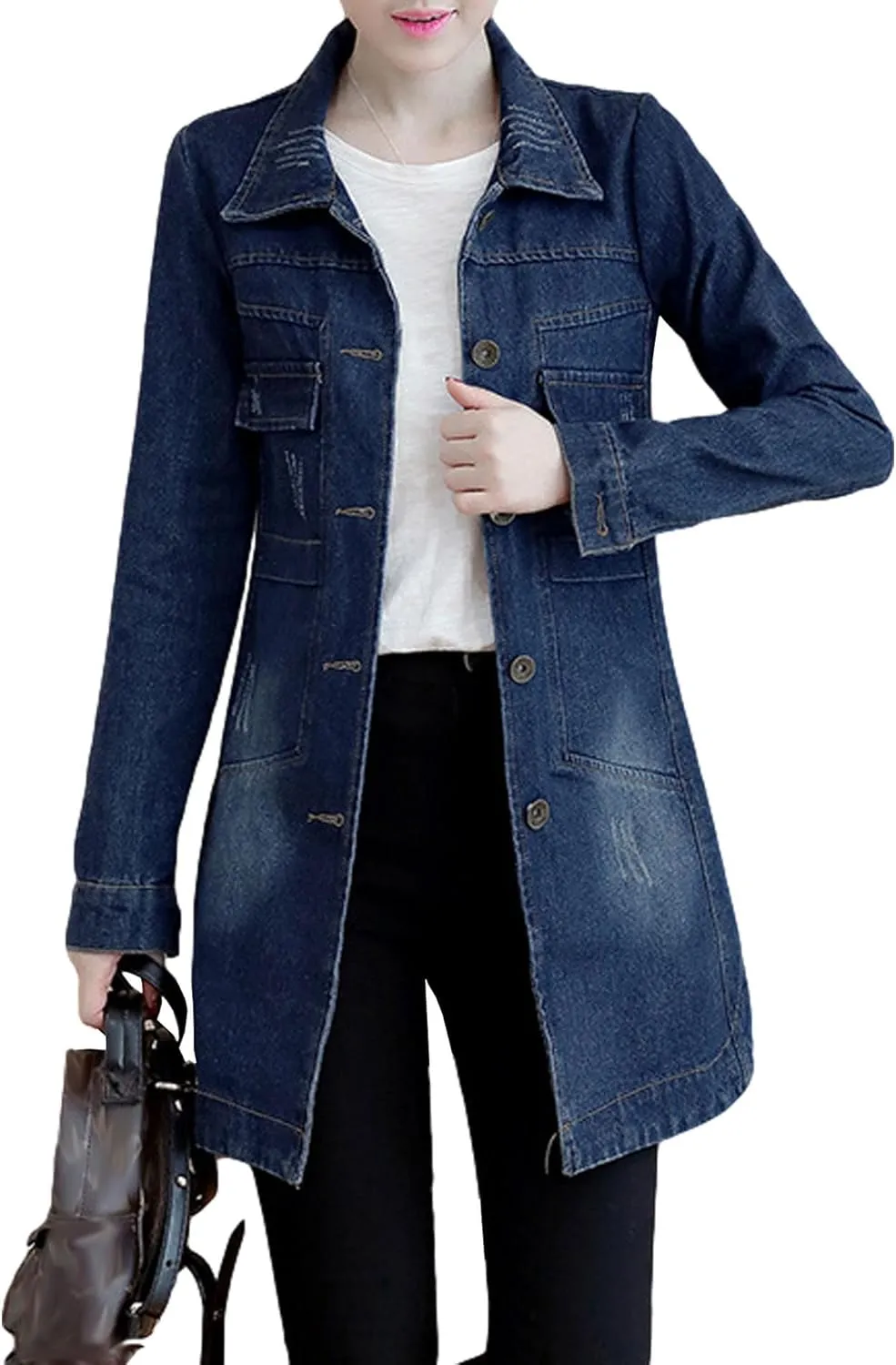 SOMTHRON Women's Distressed Denim Jeans Outfits Coat Spring Fall Retro Jeans Long Outerwear Denim Jacket