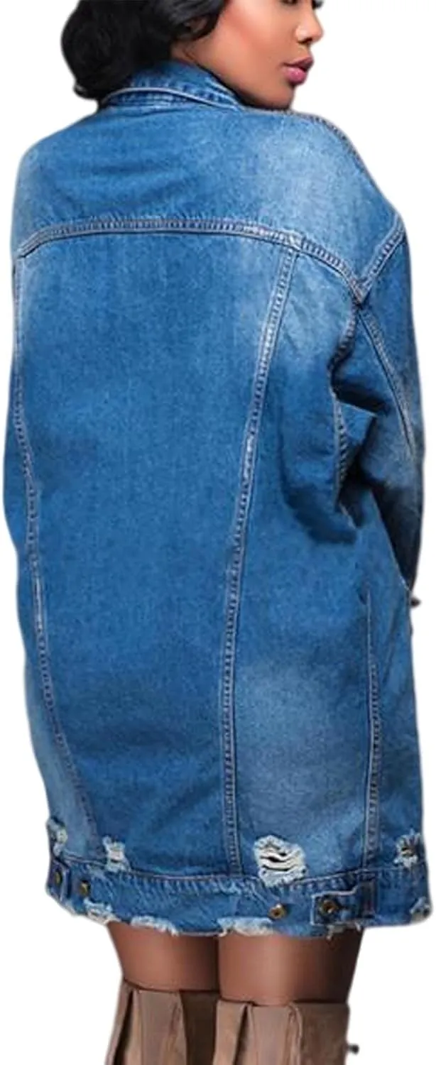 SOMTHRON Women's Distressed Denim Jeans Outfits Coat Spring Fall Ripped Jeans Outerwear Denim Jacket