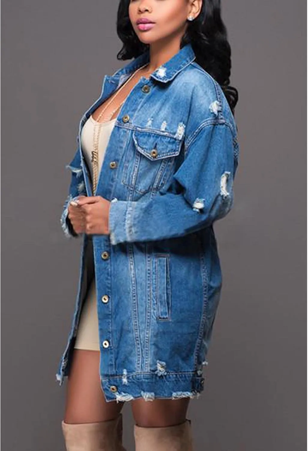 SOMTHRON Women's Distressed Denim Jeans Outfits Coat Spring Fall Ripped Jeans Outerwear Denim Jacket