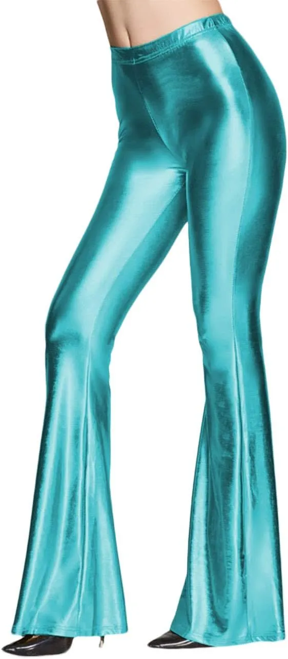 SOMTHRON Women's Elastic Waist Shinny Wide Leg Leggings Trousers High Waist Stretchy Leather Bell Bottoms Flare Pants