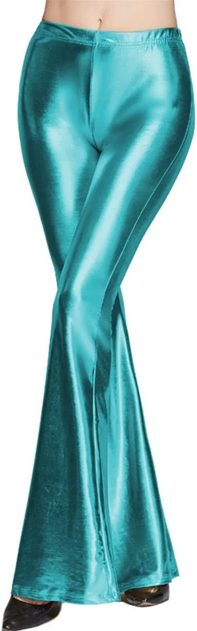 SOMTHRON Women's Elastic Waist Shinny Wide Leg Leggings Trousers High Waist Stretchy Leather Bell Bottoms Flare Pants
