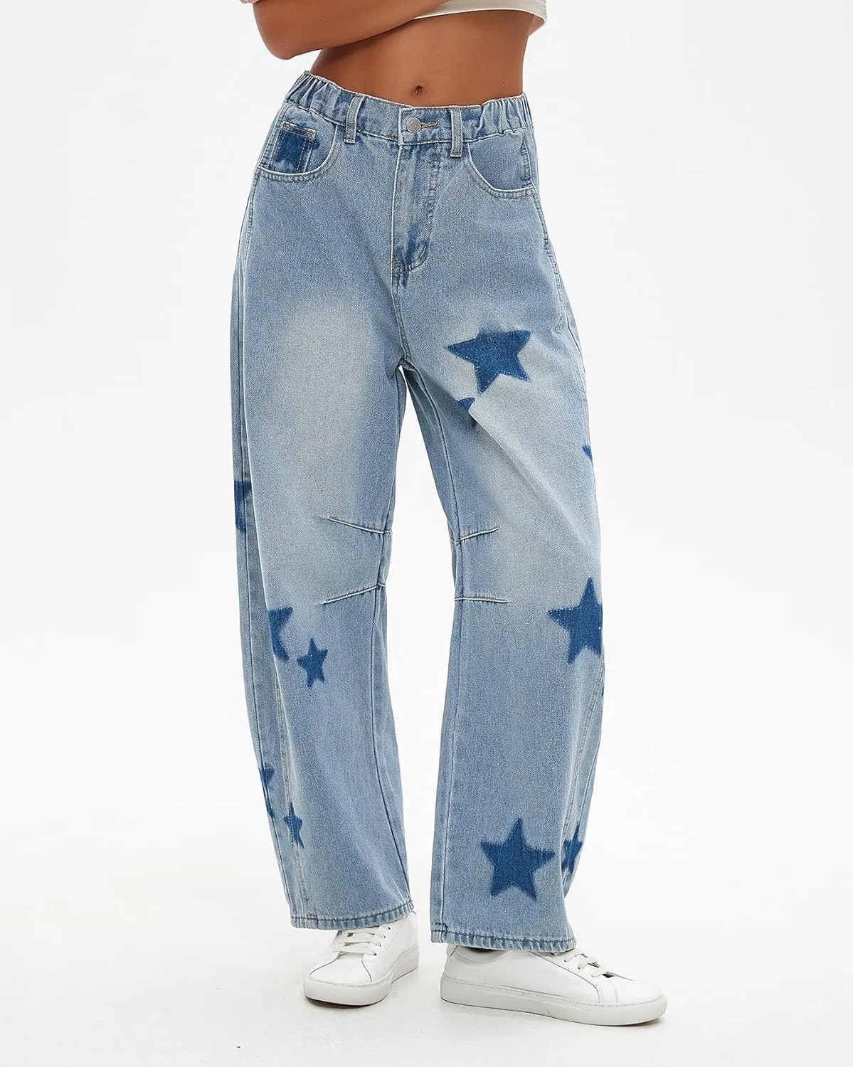 Star Barrel Jeans Women Elastic Mid Rise Wide Leg Jeans Loose Baggy Printed Boyfriend Denim Pants