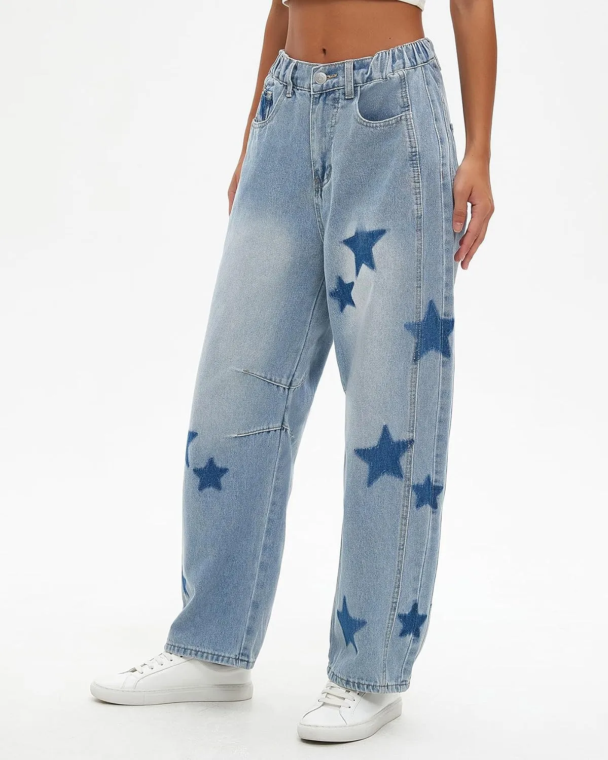 Star Barrel Jeans Women Elastic Mid Rise Wide Leg Jeans Loose Baggy Printed Boyfriend Denim Pants