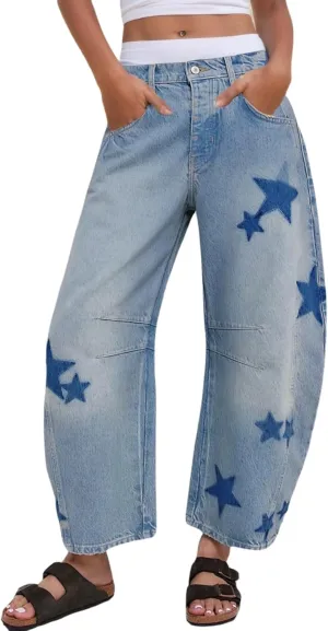 Star Barrel Jeans Women Elastic Mid Rise Wide Leg Jeans Loose Baggy Printed Boyfriend Denim Pants