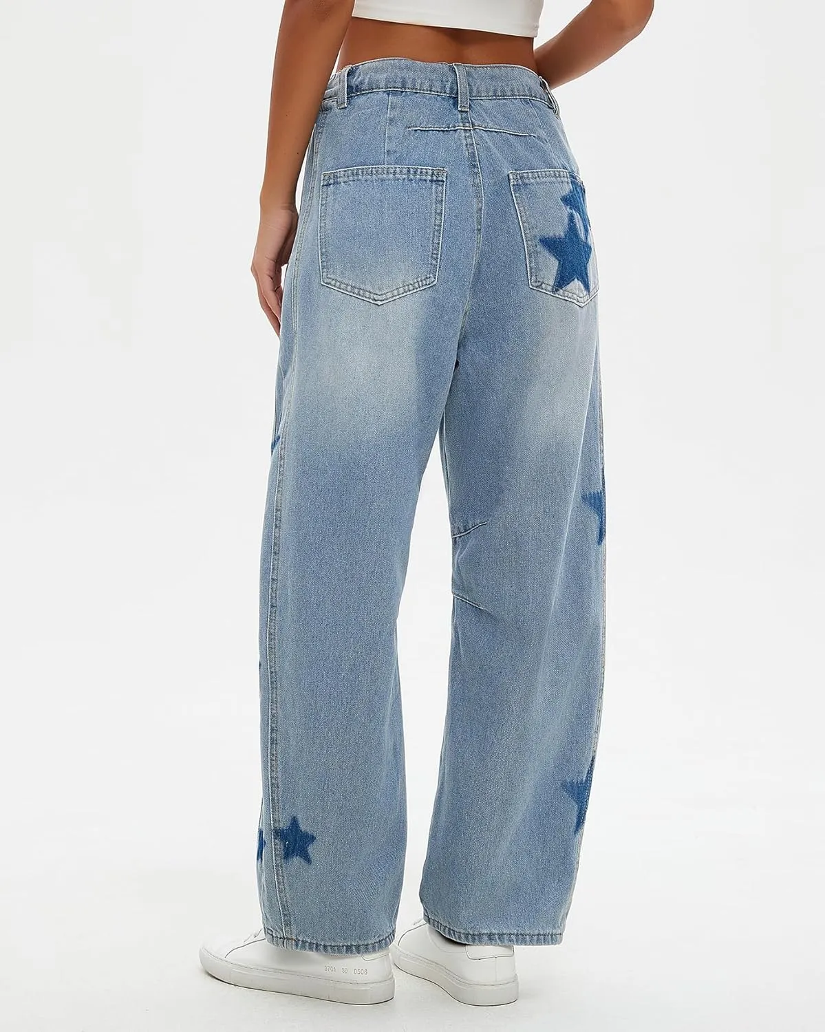 Star Barrel Jeans Women Elastic Mid Rise Wide Leg Jeans Loose Baggy Printed Boyfriend Denim Pants