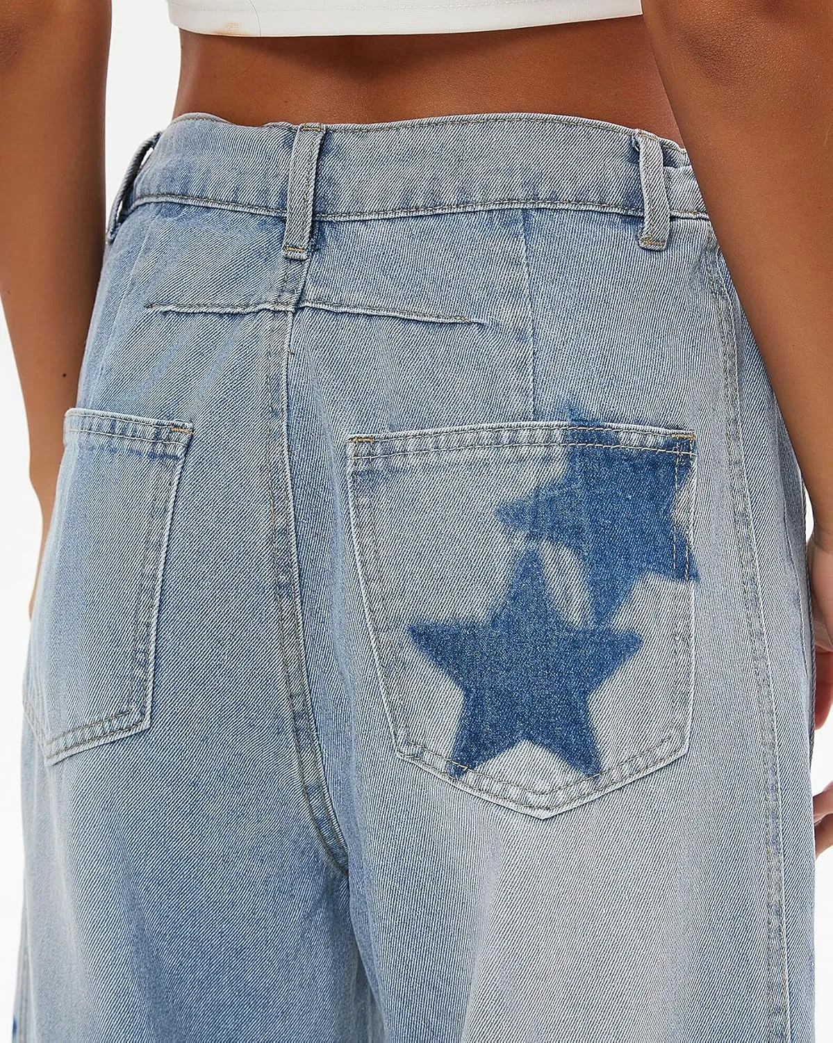 Star Barrel Jeans Women Elastic Mid Rise Wide Leg Jeans Loose Baggy Printed Boyfriend Denim Pants