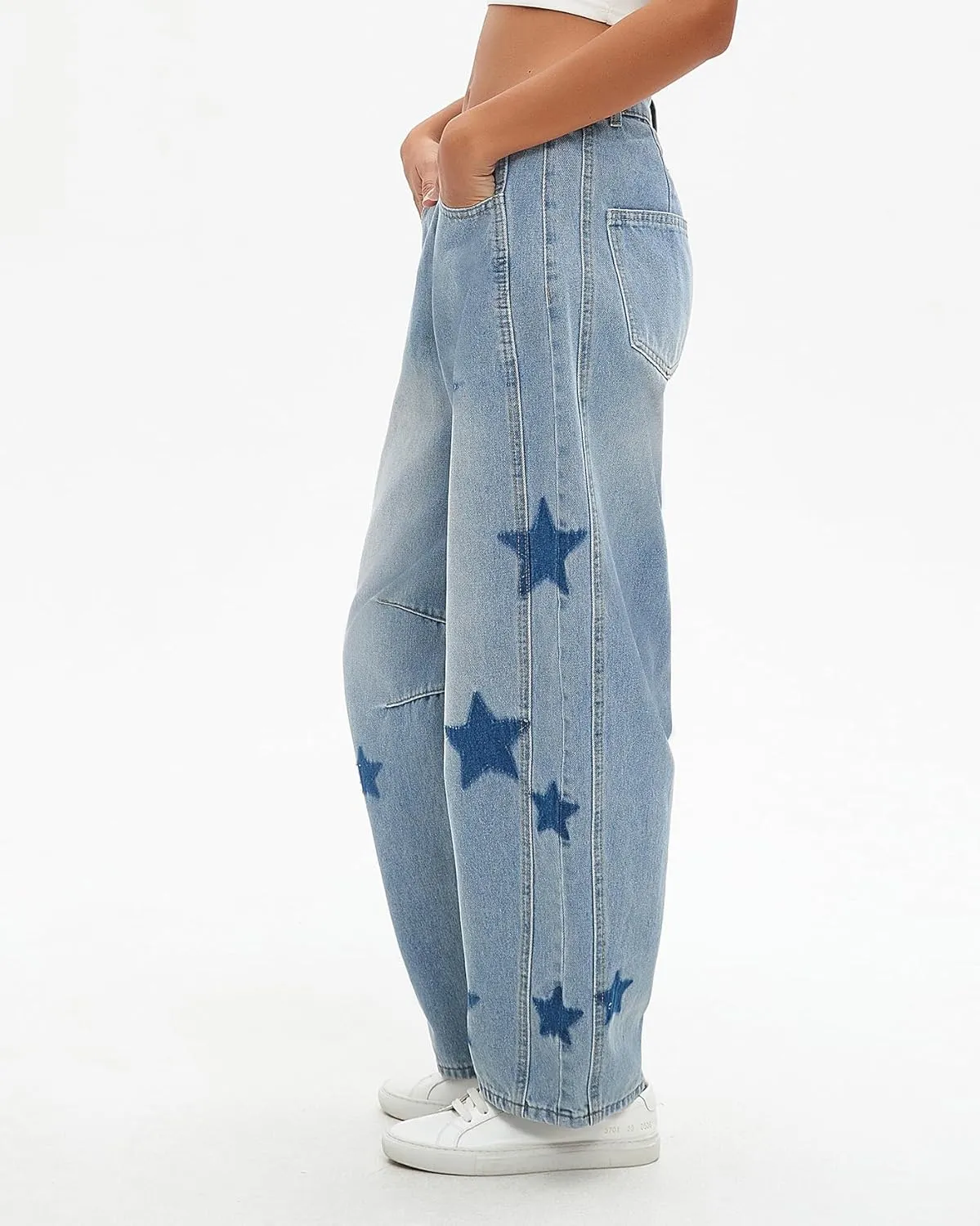 Star Barrel Jeans Women Elastic Mid Rise Wide Leg Jeans Loose Baggy Printed Boyfriend Denim Pants