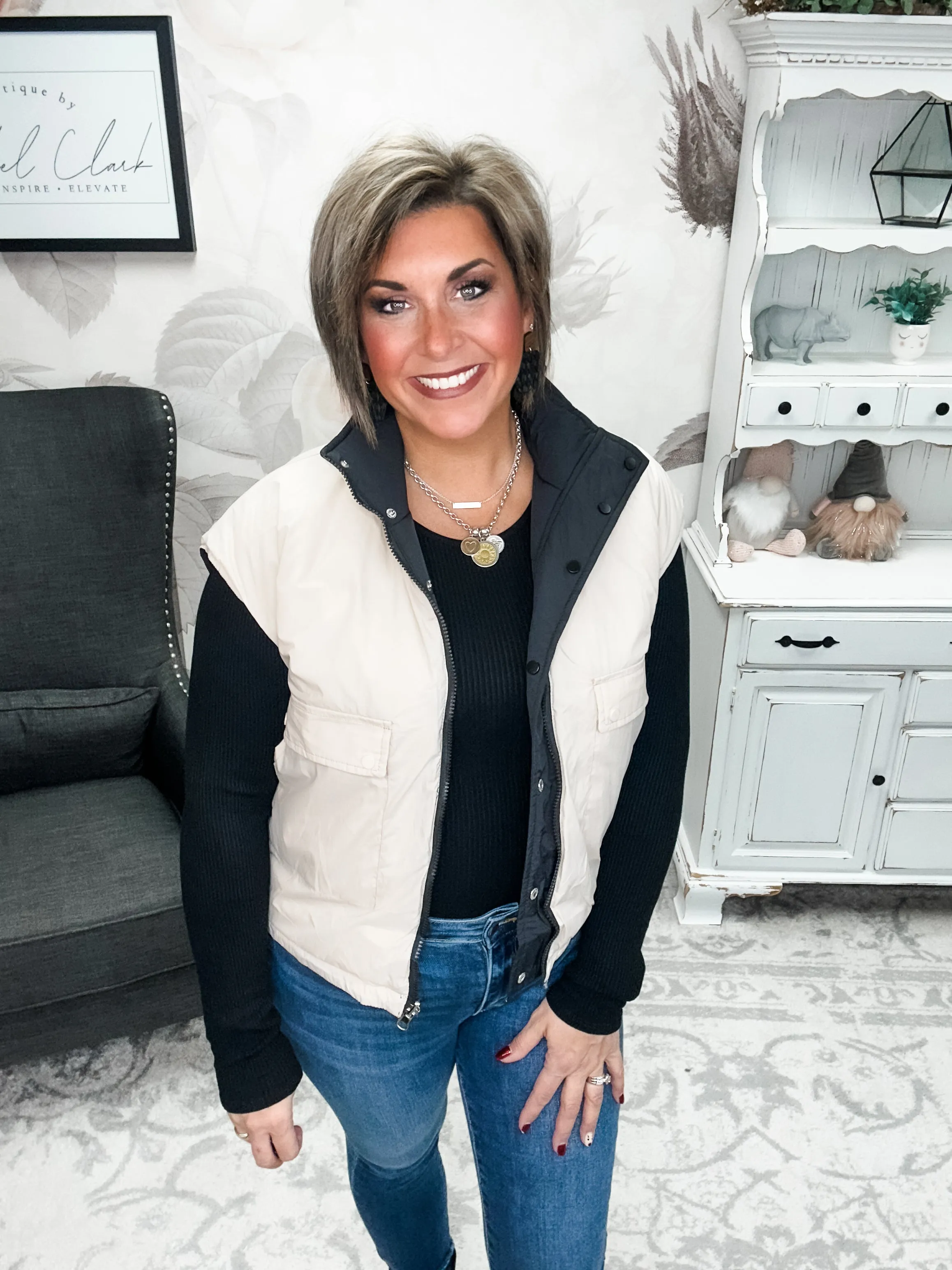 Stay Out All Night Reversible Puffer Vest - Black/Ivory