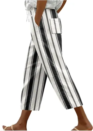 Stripe Color Block Capri Pants for Women Casual Straight Leg Capri Pants Drawstring Elastic Waist Cropped Trousers