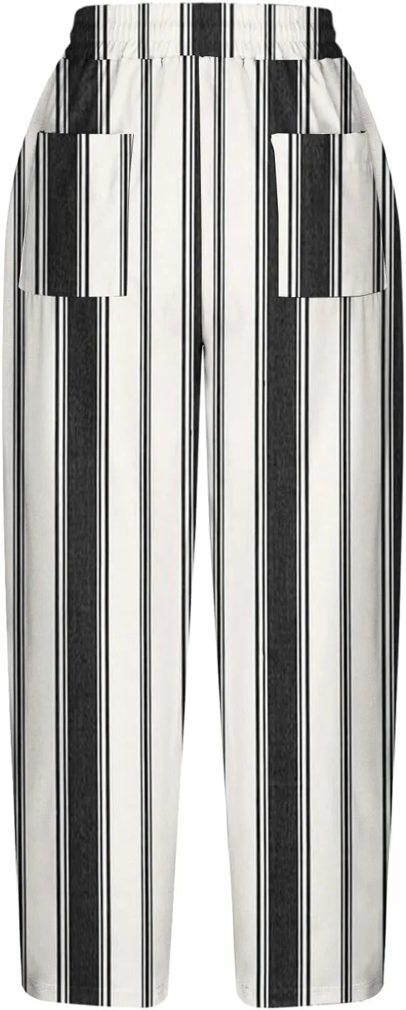 Stripe Color Block Capri Pants for Women Casual Straight Leg Capri Pants Drawstring Elastic Waist Cropped Trousers