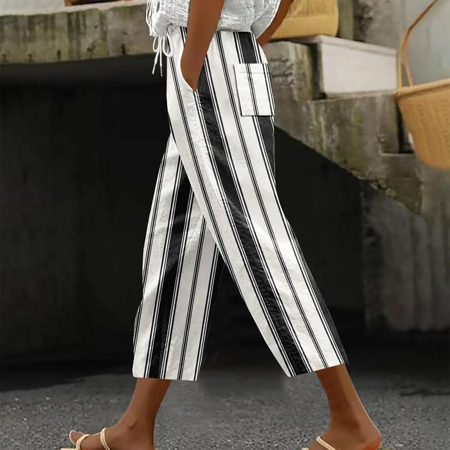 Stripe Color Block Capri Pants for Women Casual Straight Leg Capri Pants Drawstring Elastic Waist Cropped Trousers