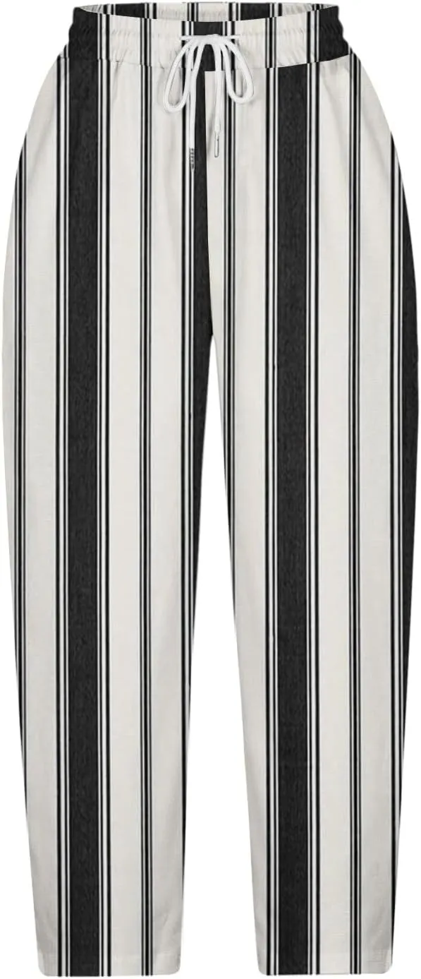 Stripe Color Block Capri Pants for Women Casual Straight Leg Capri Pants Drawstring Elastic Waist Cropped Trousers