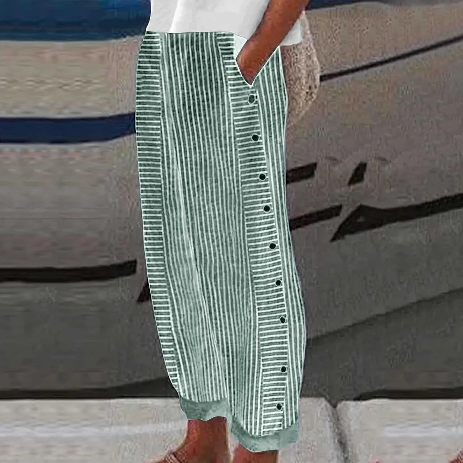 Striped Linen Pants for Women Wide Straight Leg Side Button Pants Womens 2025 Baggy Elastic Waist Pants