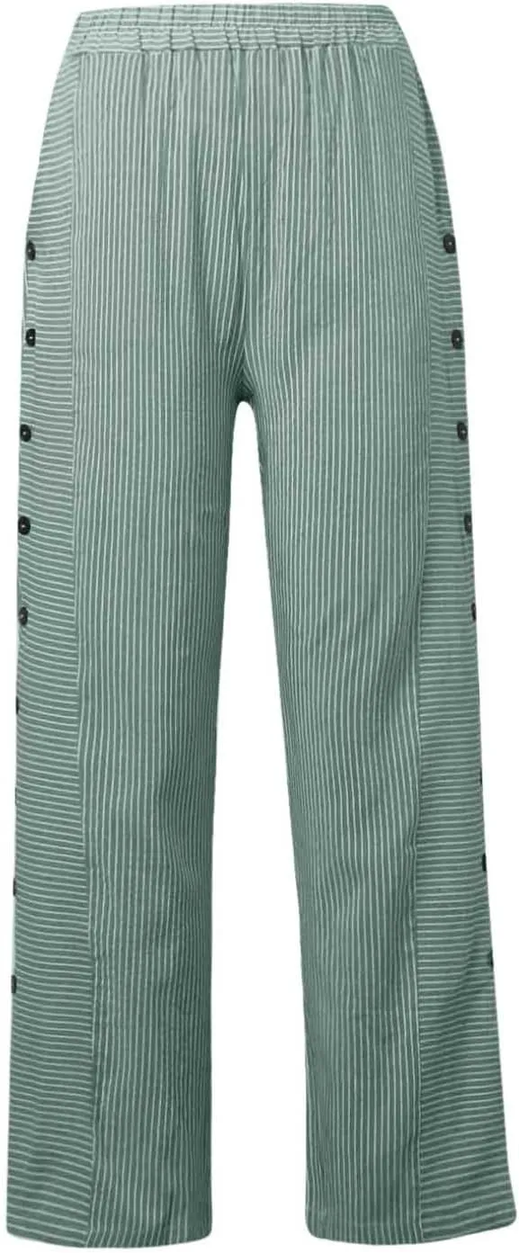 Striped Linen Pants for Women Wide Straight Leg Side Button Pants Womens 2025 Baggy Elastic Waist Pants