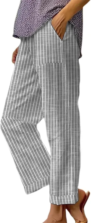 Striped Linen Pants Women Elastic Waist Loose Wide Leg Trousers Plus Size Summer Beach Casual Pockets Sweatpants