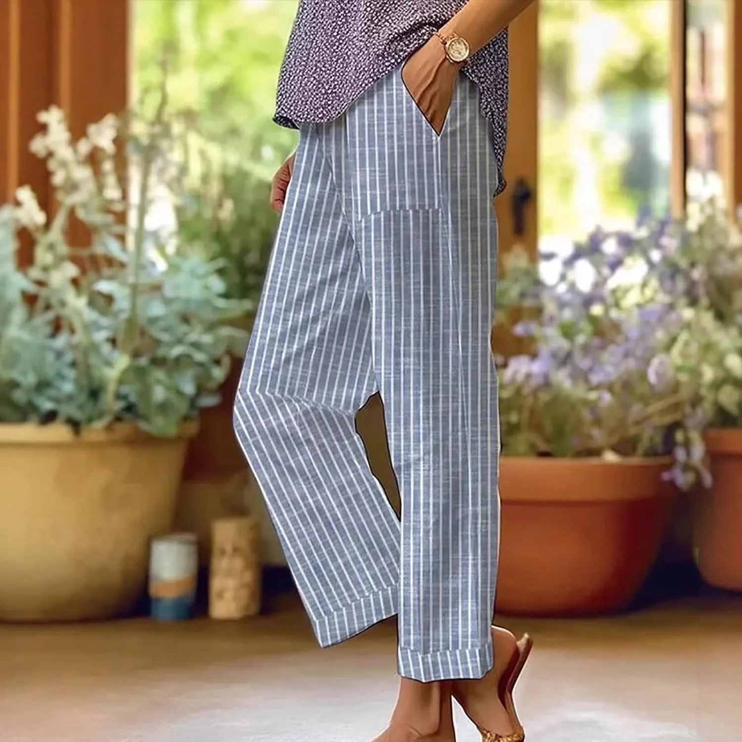 Striped Linen Pants Women Elastic Waist Loose Wide Leg Trousers Plus Size Summer Beach Casual Pockets Sweatpants
