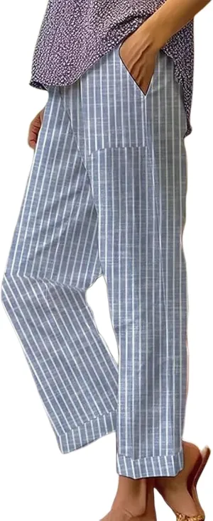 Striped Linen Pants Women Elastic Waist Loose Wide Leg Trousers Plus Size Summer Beach Casual Pockets Sweatpants