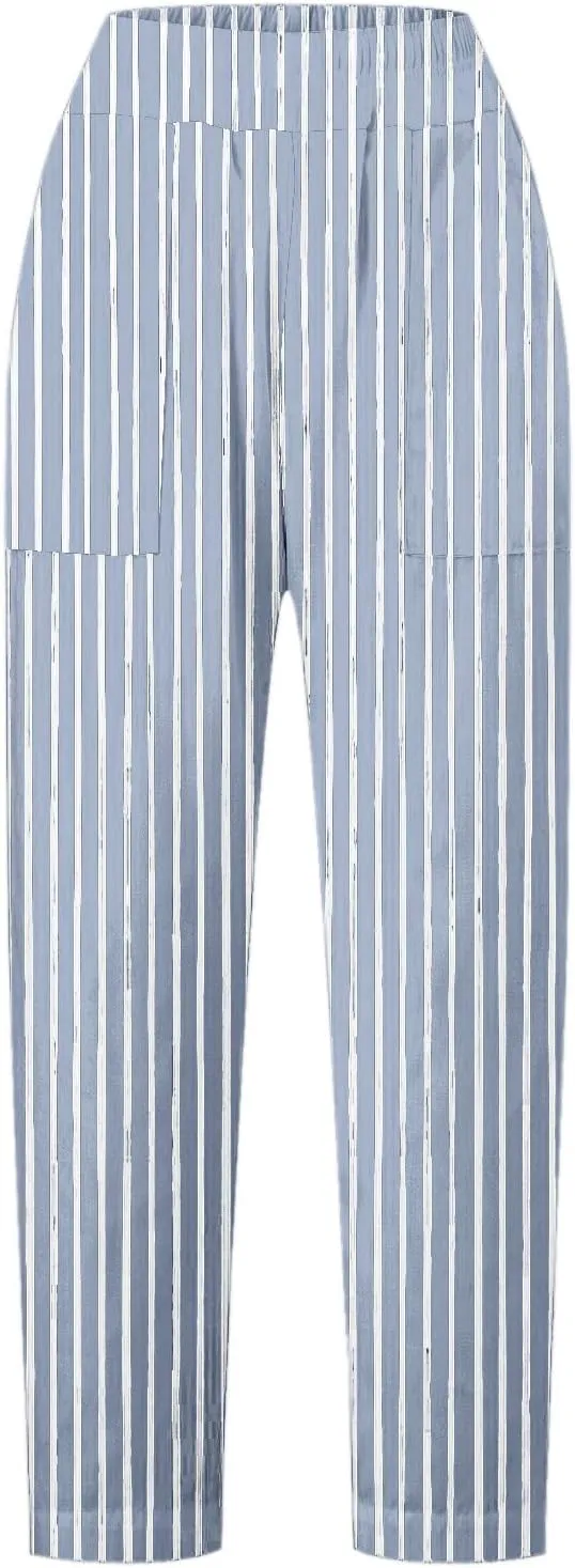 Striped Linen Pants Women Elastic Waist Loose Wide Leg Trousers Plus Size Summer Beach Casual Pockets Sweatpants