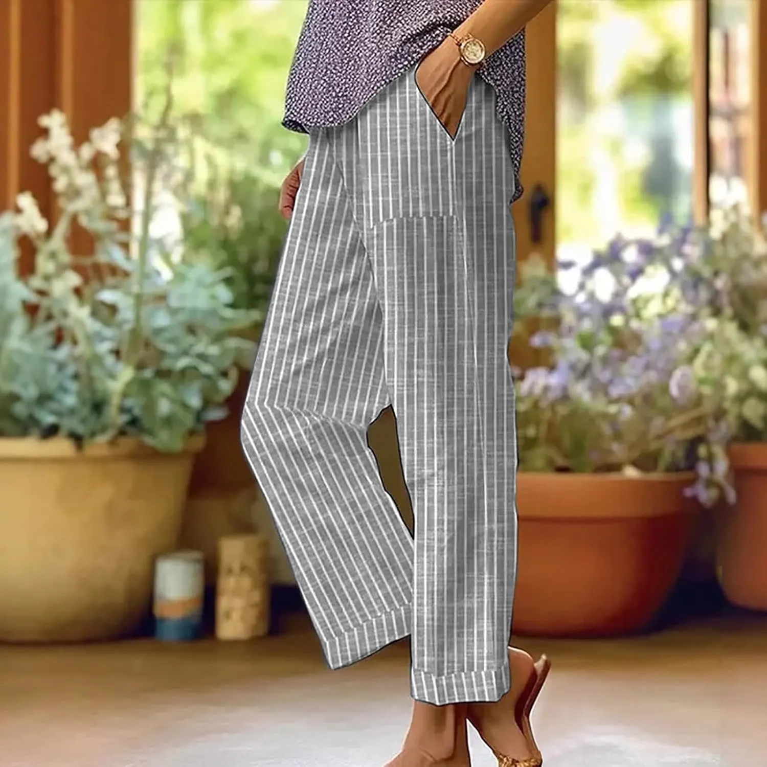 Striped Linen Pants Women Elastic Waist Loose Wide Leg Trousers Plus Size Summer Beach Casual Pockets Sweatpants