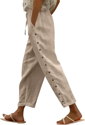 Striped Linen Pants Women Summer Casual Boho Beach Pants Lightweight Elastic Waist Capri Pants Side Button Trousers