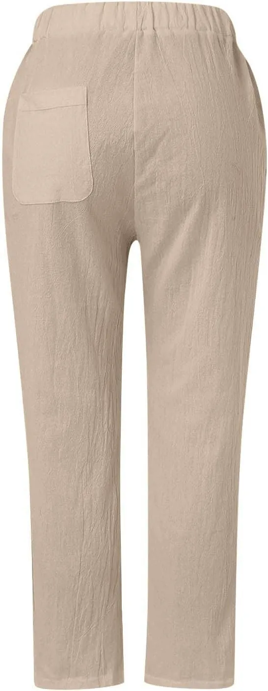 Striped Linen Pants Women Summer Casual Boho Beach Pants Lightweight Elastic Waist Capri Pants Side Button Trousers