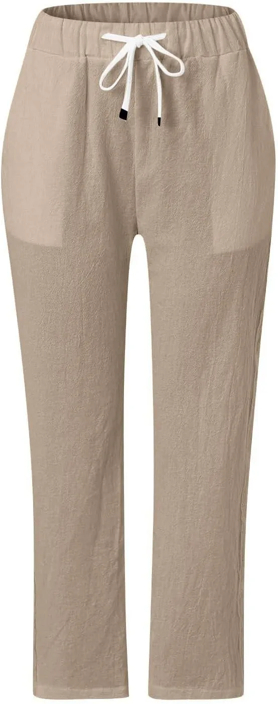 Striped Linen Pants Women Summer Casual Boho Beach Pants Lightweight Elastic Waist Capri Pants Side Button Trousers