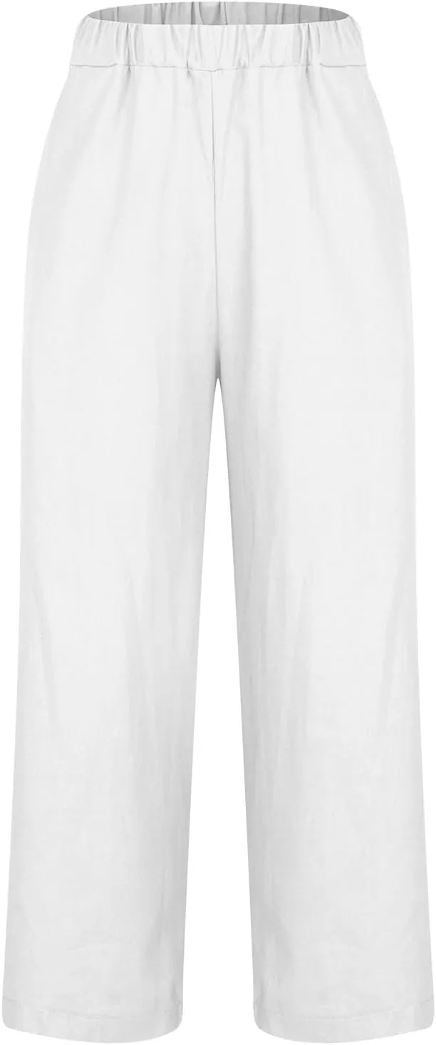 Summer Cotton Linen Pants Women Elastic High Waist Straight Leg Lounge Pants Casual Slacks Crop Trouser with Pockets
