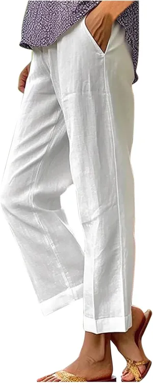 Summer Cotton Linen Pants Women Elastic High Waist Straight Leg Lounge Pants Casual Slacks Crop Trouser with Pockets