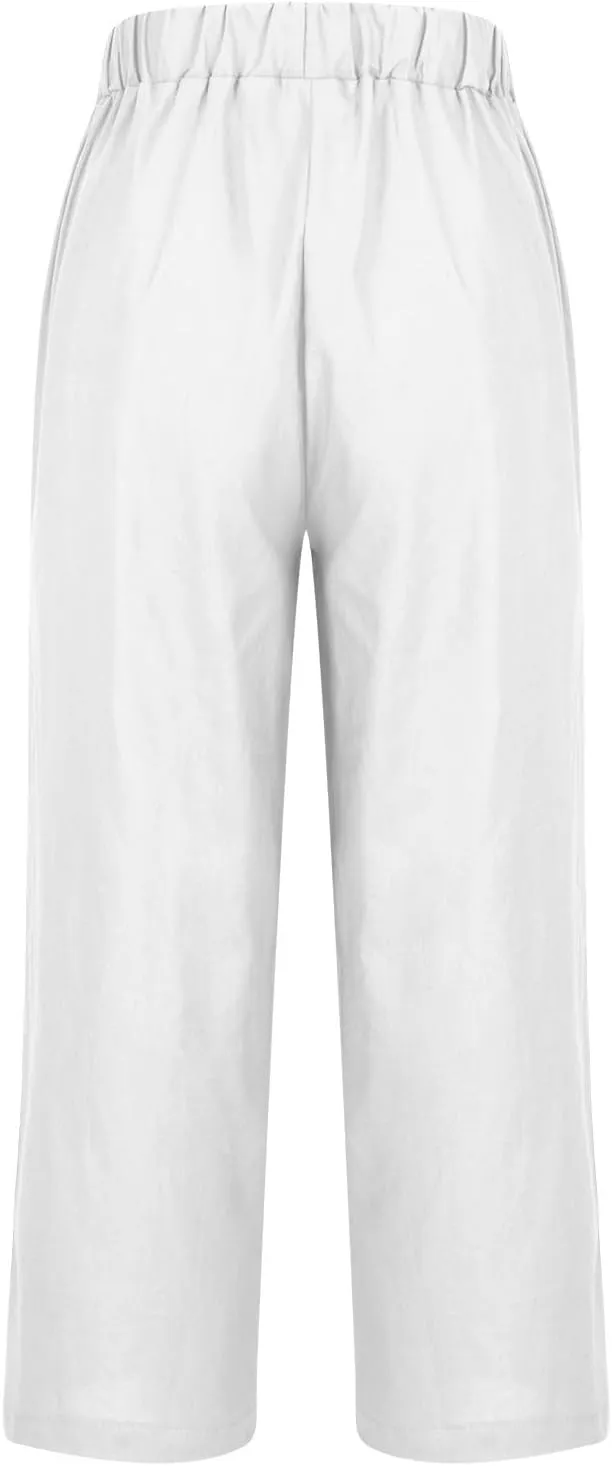 Summer Cotton Linen Pants Women Elastic High Waist Straight Leg Lounge Pants Casual Slacks Crop Trouser with Pockets